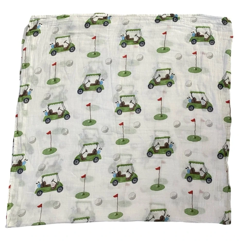 Lolly Banks Muslin Swaddle Blanket Cotton Gauze Green White Golf Theme